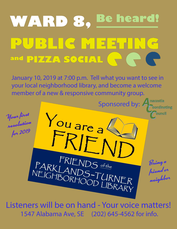 Friends of Parklands-Turner Library Pizza Social January 10, 2019 at 7 pm